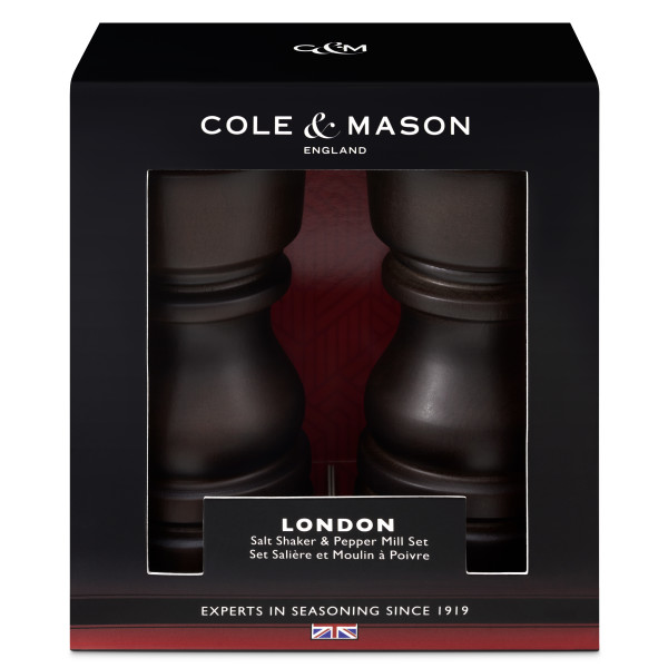 COLE & MASON Подаръчен комплект дървени солница + мелничка за пипер LONDON - 13 см - цвят тъмен шоколад