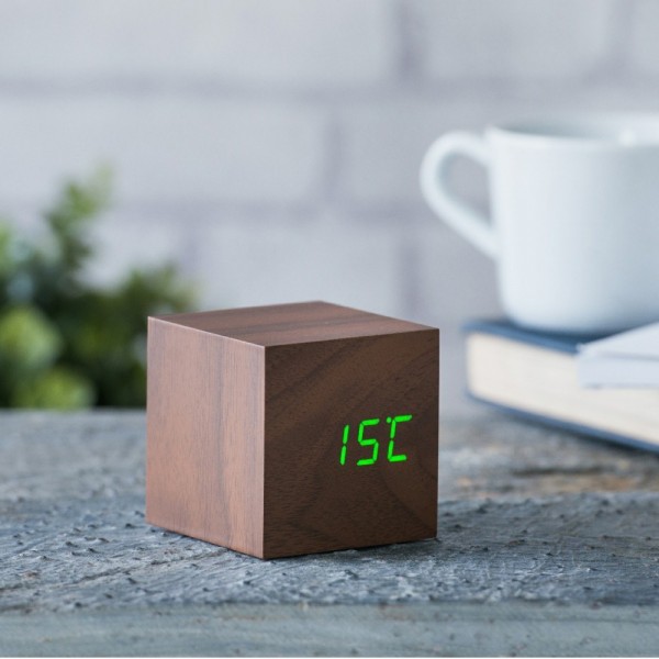 GINGKO Часовник с термометър “CUBE“ - орехово дърво със зелени цифри