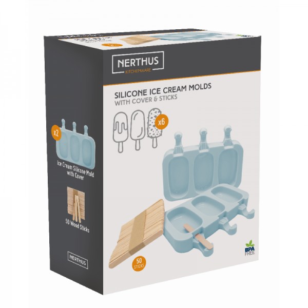 Nerthus Комплект силиконови форми за сладолед с 50 бр. дървени клечки - сини
