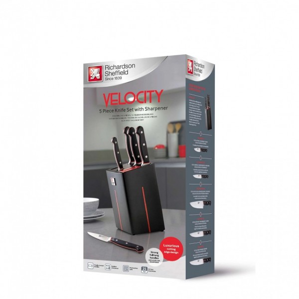 Richardson Sheffield Комплект ножове VELOCITY 5 бр. в блок от каучуково дърво с вградено точило