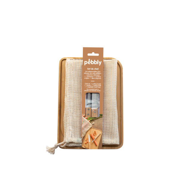 PEBBLY Комплект за готвачи - дъска, нож, белачка и торбичка за зеленчуци