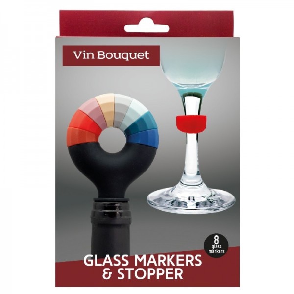 Vin Bouquet Сет тапа за бутилки с 8 бр. силиконови маркери за чаши